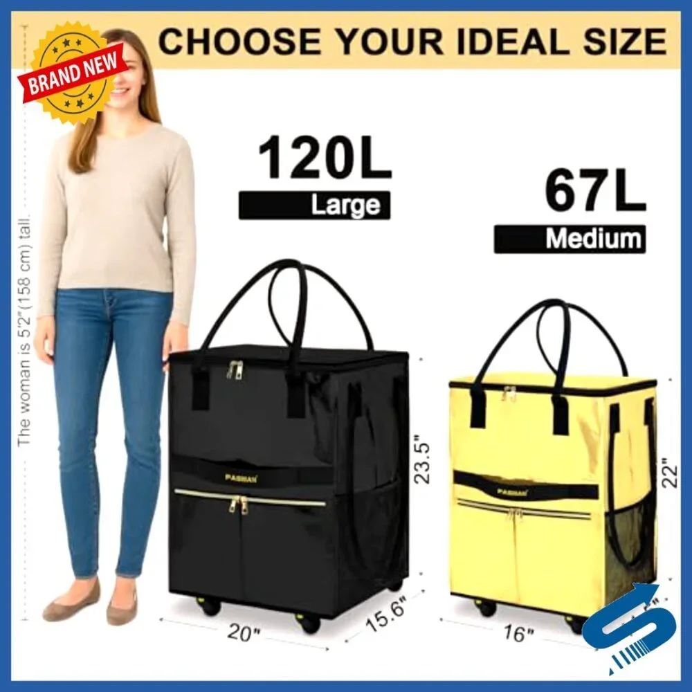 Foldable Rolling Tote Bag with 5 Wheels Heavy Duty Shopping Cart Laundry Travel